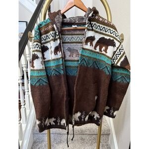 Alpaca Wool Bear Knit Open Hoodie Sweater Cardigan Fair Isle Boho Earthy Warm
